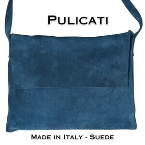 Pulicati Italian Suede Crossbody Bag Blue Slouchy Minimalist Purse Unconstructed